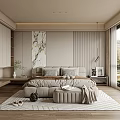 Modern Bedroom Interior With Bed Bench Marble Painting Rug And Floor To Ceiling Window