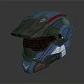 Futuristic Blue Combat Helmet With Red Stripe And Orange Visor Design