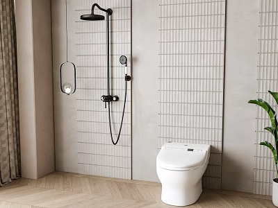 Modern Bathroom Suite With Shower System Toilet Vertical Stripe Tiles And Wooden Floor 3d model