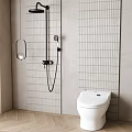 Modern Bathroom Suite With Shower System Toilet Vertical Stripe Tiles And Wooden Floor