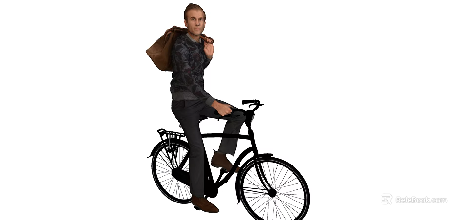 A Man Sitting On Bicycle With Brown Backpack And Casual Attire 3d model 
