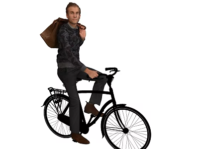 A Man Sitting On Bicycle With Brown Backpack And Casual Attire 3d model