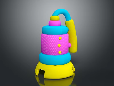 Colorful Household Cleaning Tool With Layered Design Curved Blue Handle Pink Mesh And Yellow Buttons 3d model