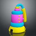 Colorful Household Cleaning Tool With Layered Design Curved Blue Handle Pink Mesh And Yellow Buttons