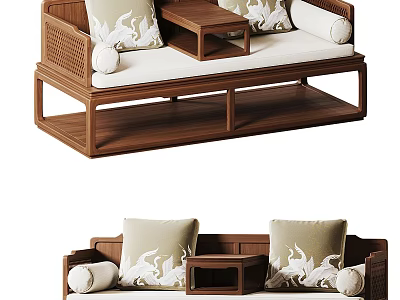Traditional Chinese Luohan Bed With Wooden Frame Decorative Pillows And Side Table 3d model