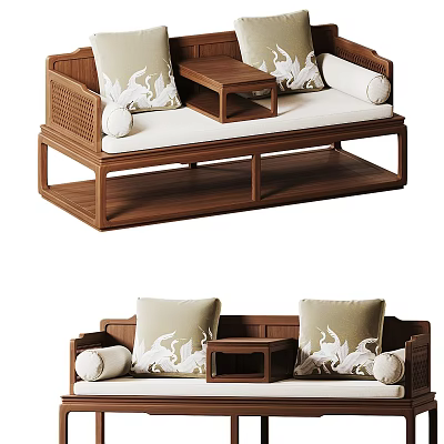 Traditional Chinese Luohan Bed With Wooden Frame Decorative Pillows And Side Table 3d model