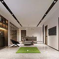 Luxury Modern Home Theater With Large Golf Scene Screen Trophy Shelf Comfortable Sofa And Rug