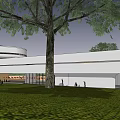 Modern Circular Building With White Exterior And Wooden Entrance Where People Walk