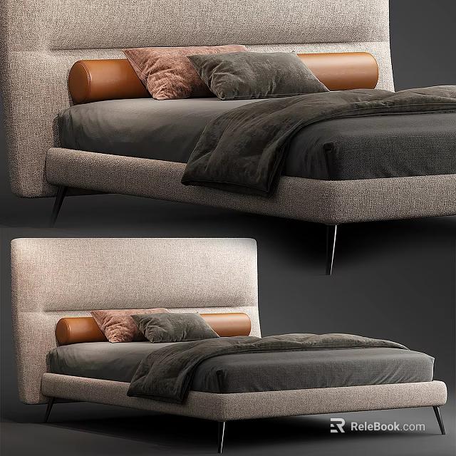 Modern Double Bed Design with Fabric Headboard and Leather Accents Gray Blanket Pink Gray Pillows 3d model 