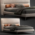 Modern Double Bed Design with Fabric Headboard and Leather Accents Gray Blanket Pink Gray Pillows