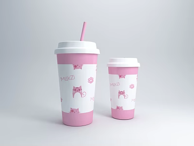 Pink Disposable Cups With Cat Patterns MIAOZI Text Large And Small Sizes White Lids 3d model