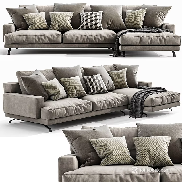 Comfortable Modern Gray Sectional Sofa With Patterned Pillows Throw Blanket And Metal Legs 3d model