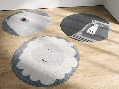 Round Rugs With Cute Animal Patterns In Grey White For Kids Room Decor 3d model