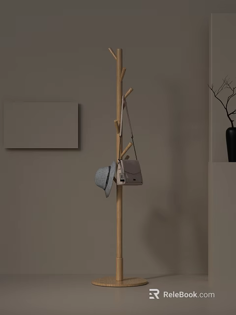 Wooden Coat Rack With Gray Hat Light Handbag And Black Vase On Light Gray Wall 3d model 