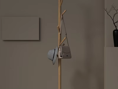 Wooden Coat Rack With Gray Hat Light Handbag And Black Vase On Light Gray Wall 3d model