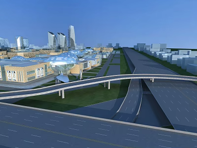 Modern Elevated Curved Bridge In Urban Cityscape With Glass Roof Buildings And Roads 3d model