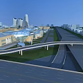 Modern Elevated Curved Bridge In Urban Cityscape With Glass Roof Buildings And Roads