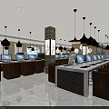 Modern Internet Cafe Spacious Interior With Computers Brown Seats Pendant Lights And Stone Countertops