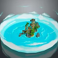 Icy Blue Circular Water Area With Small Island Tower Palm Trees And Rocks