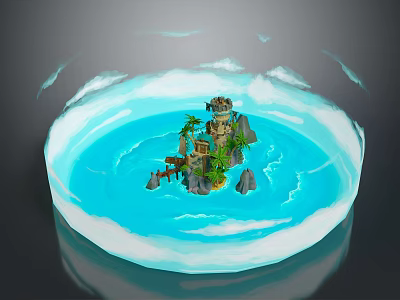Icy Blue Circular Water Area With Small Island Tower Palm Trees And Rocks 3d model