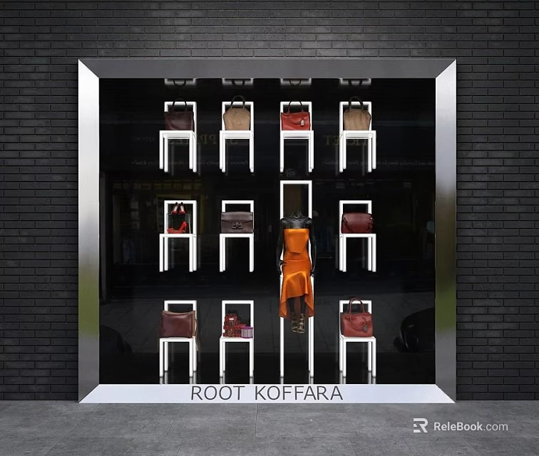 ROOT KOFFARA Bags Window Display With Shelves And Brick Wall Background 3d model