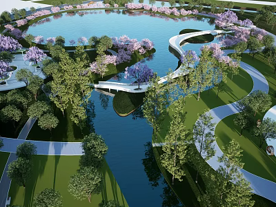Waterfront Landscape Design Featuring Winding Paths Green Lawns And Purple Flowering Trees 3d model