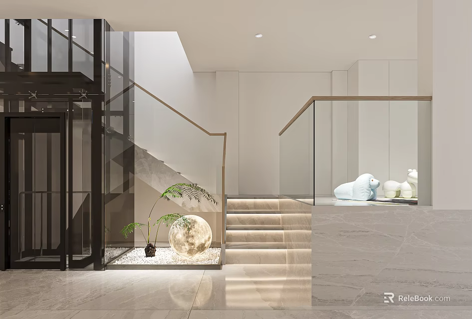 Modern Staircase with Glass Railing Marble Steps Round Decorative Light and Plant in Spacious Interior 3d model 