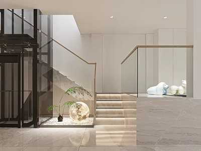 Modern Staircase with Glass Railing Marble Steps Round Decorative Light and Plant in Spacious Interior 3d model