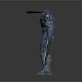 Blue Armored Mecha Robot Warrior Design With Two Swords And Red Chest Core