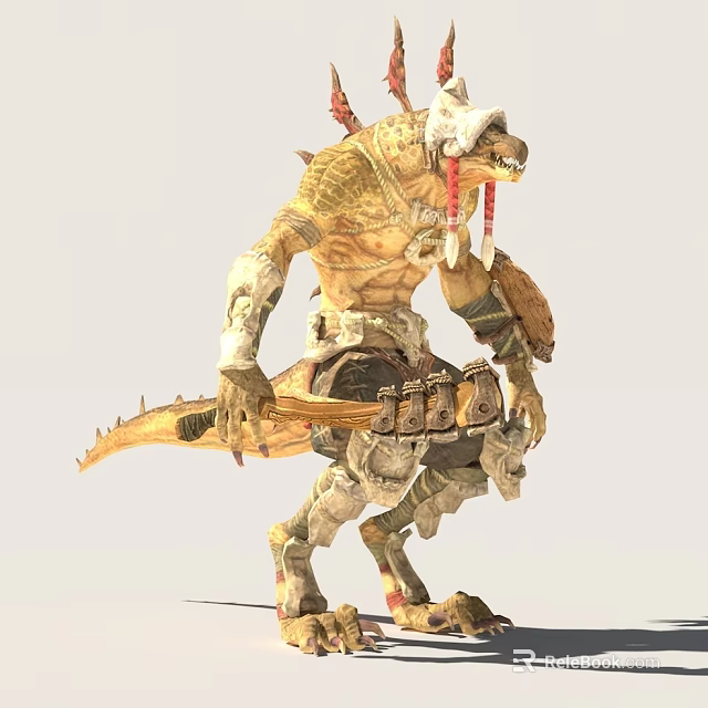 Lizard Like Character With Yellow Scaled Skin Armor Weapon Tail And Ornate Headpiece 3d model 