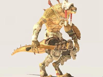 Lizard Like Character With Yellow Scaled Skin Armor Weapon Tail And Ornate Headpiece 3d model