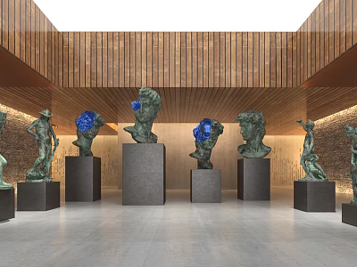 Art Exhibition Hall Featuring Bronze Sculptures Busts And Human Figures On Pedestals 3d model