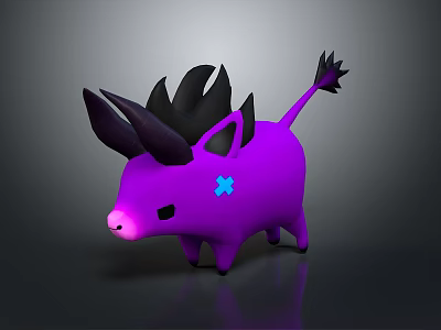 Purple Cartoon Creature with Black Ears Spiky Tail Blue Cross Mark Cute Fantasy Design 3d model