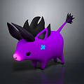 Purple Cartoon Creature with Black Ears Spiky Tail Blue Cross Mark Cute Fantasy Design