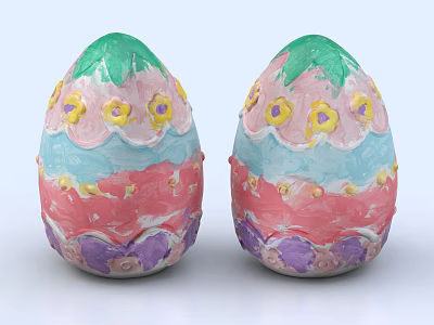 Colorful Egg Shaped Decorative Ornament Set With Floral Patterns And Striped Design 3d model