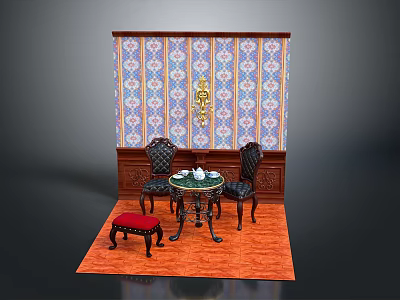 Traditional Room With Colorful Patterned Wallpaper Dark Chairs Round Table Red Stool And Orange Carpet 3d model