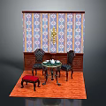 Traditional Room With Colorful Patterned Wallpaper Dark Chairs Round Table Red Stool And Orange Carpet