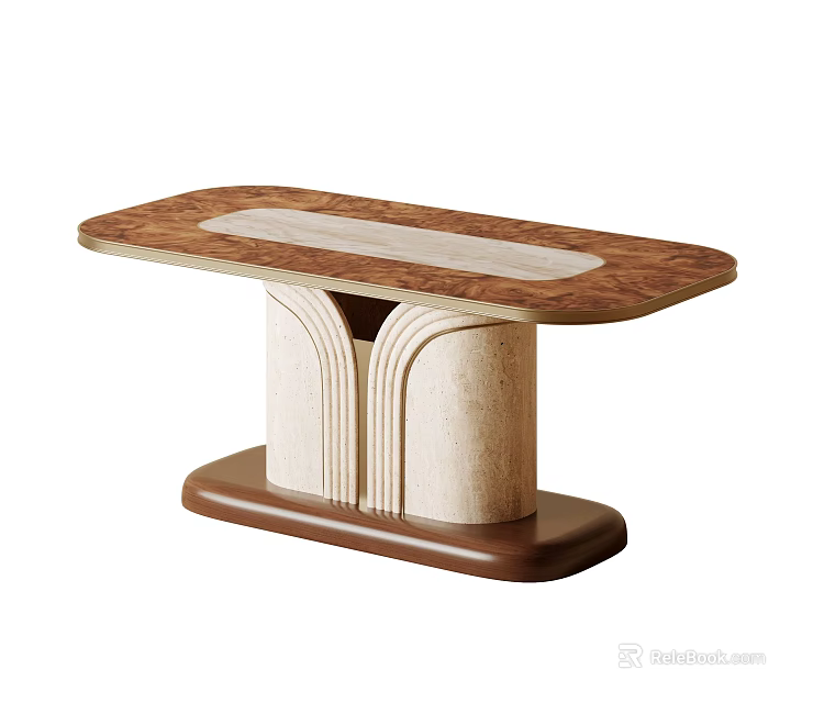 Modern Dining Table With Wooden Tabletop Beige Panel Curved Legs And Brown Base 3d model 