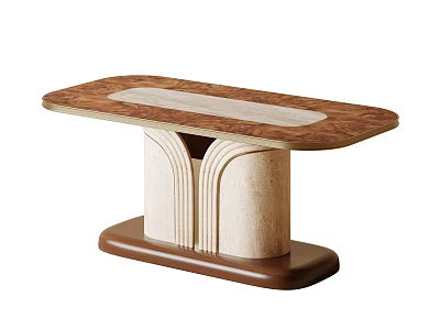 Modern Dining Table With Wooden Tabletop Beige Panel Curved Legs And Brown Base 3d model