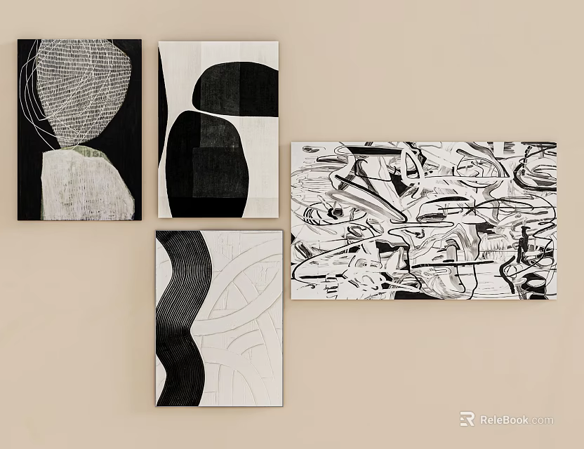 Black and White Abstract Paintings with Geometric Shapes and Artistic Lines 3d model 
