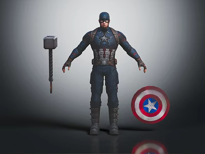 Captain America In Blue Star Uniform With Shield Hammer And Standing Pose 3d model