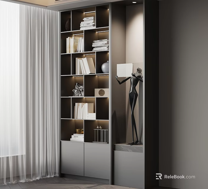 Modern Minimalist Bookshelf With Stacked Books Decorative Sculpture And Storage Cabinets 3d model 