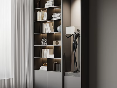 Modern Minimalist Bookshelf With Stacked Books Decorative Sculpture And Storage Cabinets 3d model