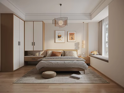 Modern Bedroom Interior Design With Bed Nightstand Wardrobe Ceiling Light Wall Art And Rug 3d model