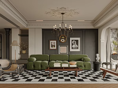 Elegant Modern Living Room Interior With Green Sofa Black And White Checkerboard Rug And Chandelier 3d model