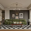 Elegant Modern Living Room Interior With Green Sofa Black And White Checkerboard Rug And Chandelier