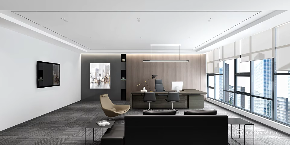 Modern Office Interior With Executive Desk Black Sofa Comfortable Chairs And Large Windows 3d model