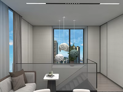 Elegant Modern Office Interior Design With Sofa Coffee Table Hanging Lights And Glass Railing 3d model
