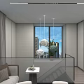 Elegant Modern Office Interior Design With Sofa Coffee Table Hanging Lights And Glass Railing