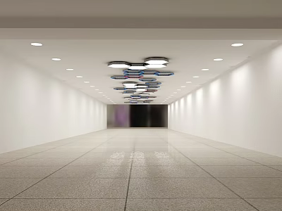 Modern Ceiling Design With Recessed Lights And Hanging Colorful Decorative Lights In Long Corridor 3d model